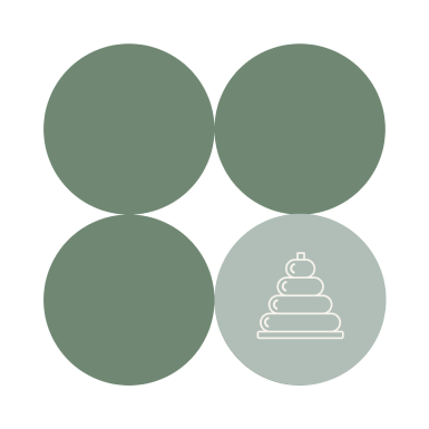 Four green circles arranged in a grid; the bottom right circle is lighter and contains a white outline of a stacking rings toy.